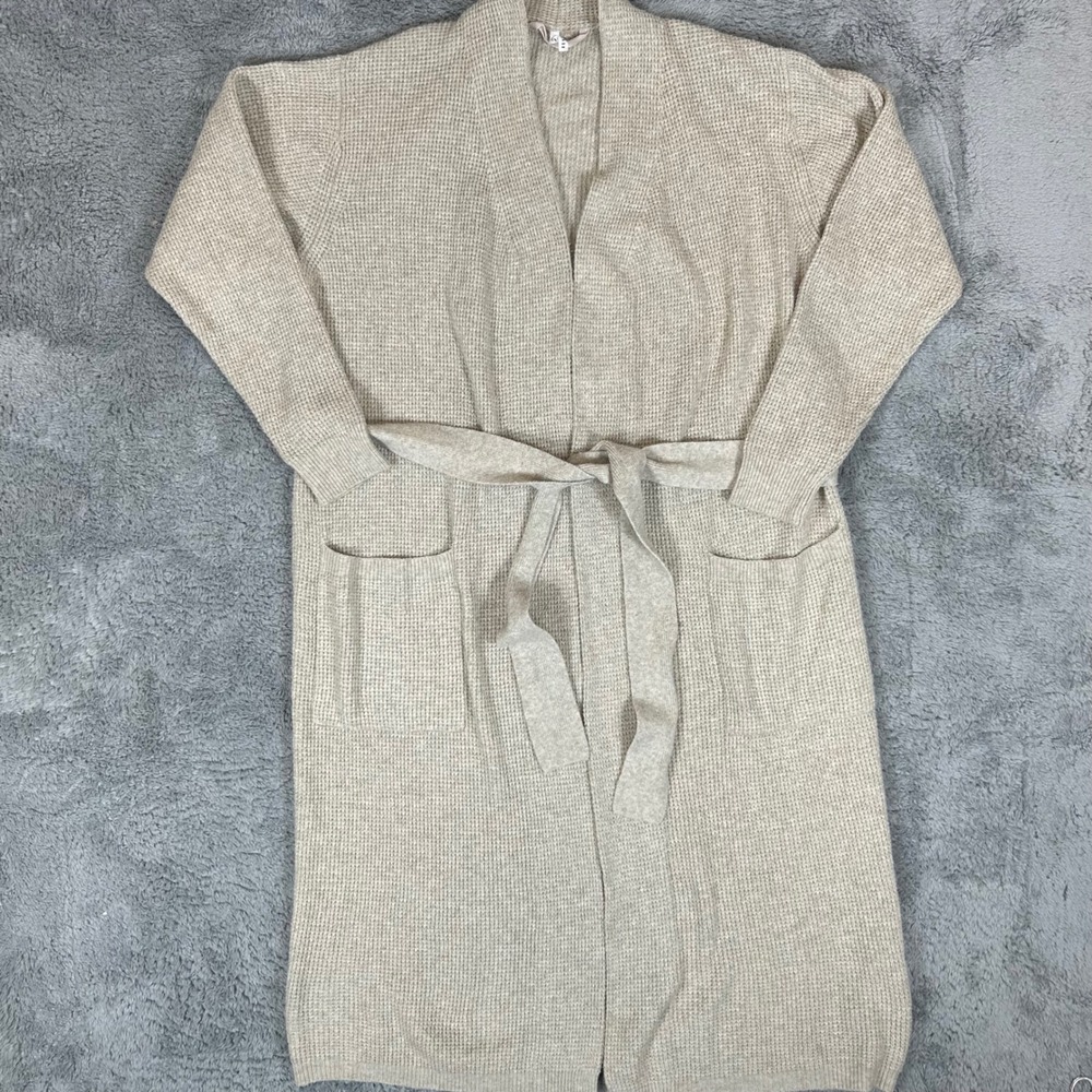 Pottery Barn Waffle Knit Robe Oatmeal Beige Cotton Blend Long Belted Cardigan